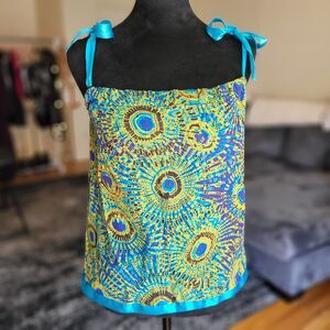 Peacock Blue & Green Pattern Cotton Ribbon Tie Top S-M Women's Summer Blouse Top